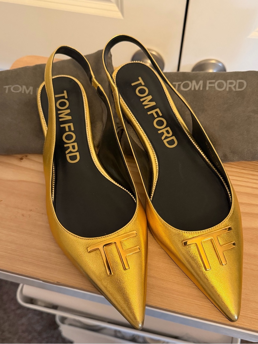 Tom Ford Gold Metallic Slingback Pointed-Toe Flats Size 41